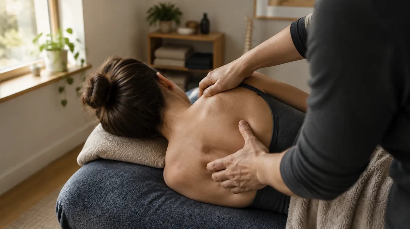 Terapeuta két keze a páciens felső hátát és lapockáját kezeli, aki hason fekszik a kezelőágyon egy világos, növényekkel berendezett szobában.