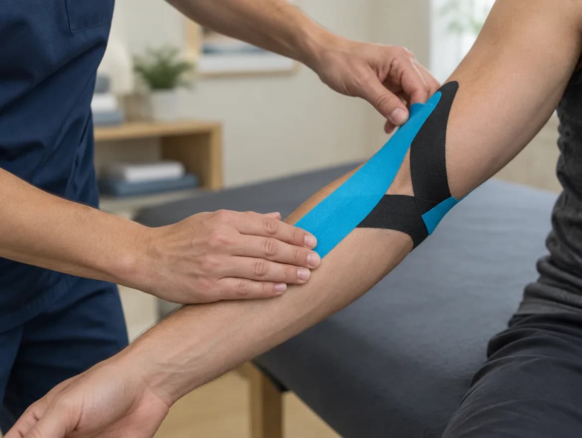 Kék-fekete kinesio szalagot ragasztanak fel egy páciens alkarjára és könyökére.
